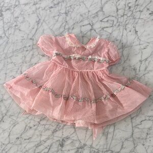 Vintage Polka Dot Ruffled Baby Party Dress with Floral Trim 12-18 Mo